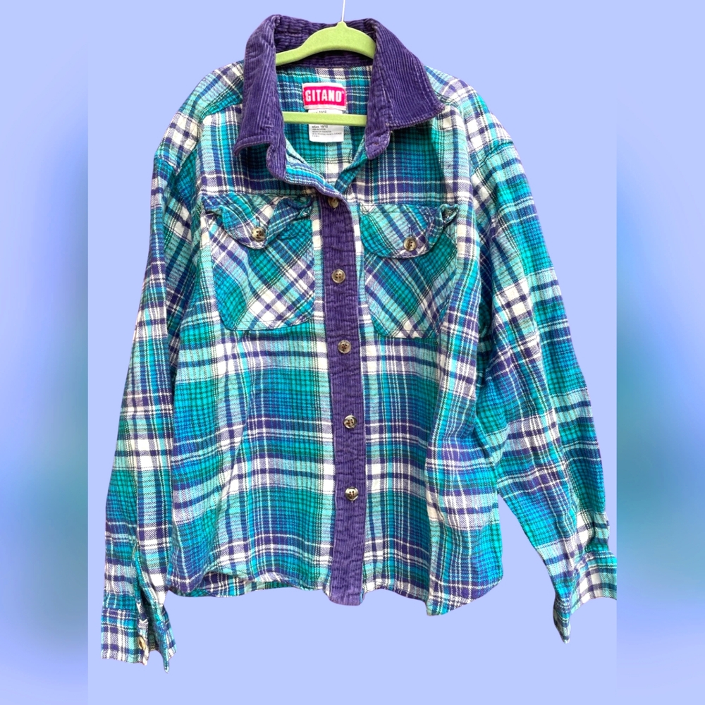 VINTAGE 90S KIDS RETRO BLUE AND PURPLE GITANO BUTTON UP FLANNEL SIZE 10/12